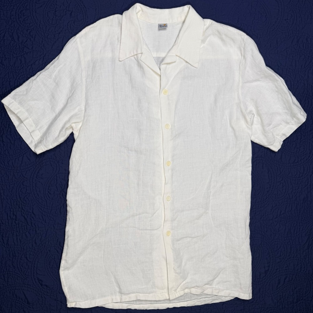 Vintage Falcone 100% Linen Shirt USA Made White Camp Collar Short Sleeve Mens M